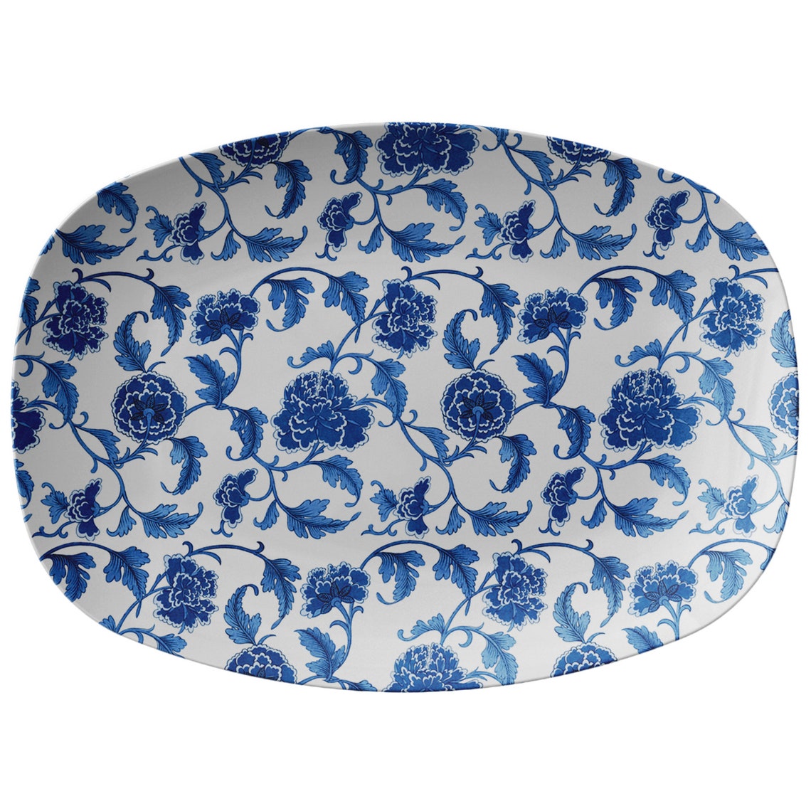 Floral Serving Platter Chinoiserie Blue & White Plastic Etsy