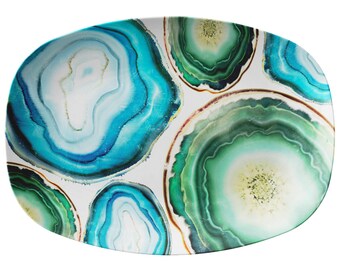 Agate Print Serving Platter: Teal Blue & Green Outdoor Dining Dish, Luxury Plastic