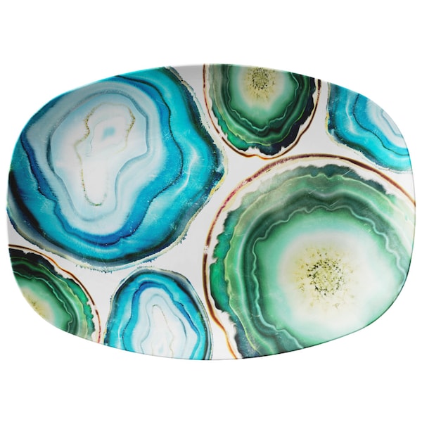 Colorful Serving Platter, Blue & Green Agate Print Serving Plate, Unique Serving Dish, Plastic Outdoor Dining Dish
