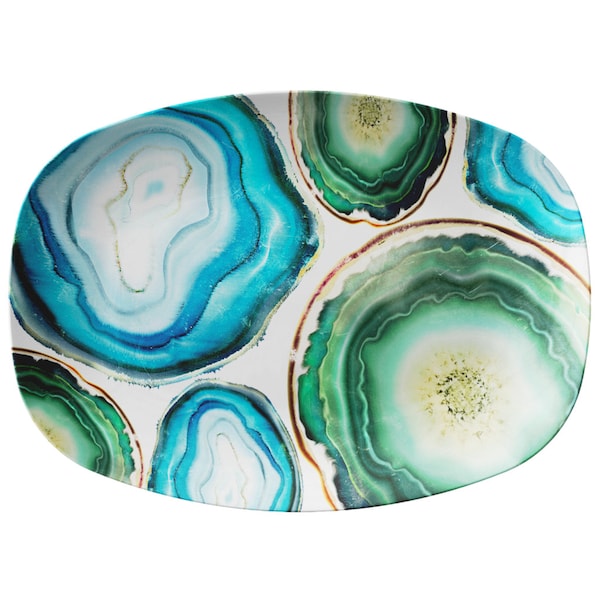 Agate Print Serving Platter: Teal Blue & Green Outdoor Dining Dish, Luxury Plastic