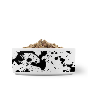 Paint Splatter Dog Bowl, Black on White, Ceramic Pet Food Bowl, Water Bowl for Pets, Cat Food Dish