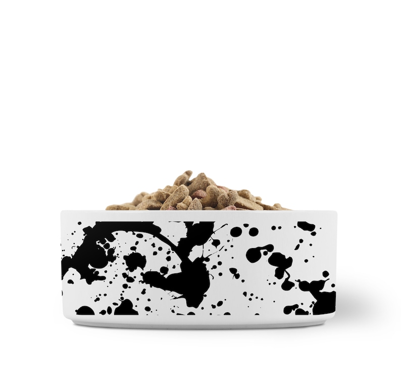 Paint splatter ceramic dog bowl. White bowl with print of black paint or ink splatter on it. Perfect for your dog or cat for their food or water.