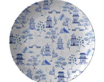Toile Plates, Set of 4, Blue and White, Chinoiserie Plate Set, Plastic Plates, Made in USA