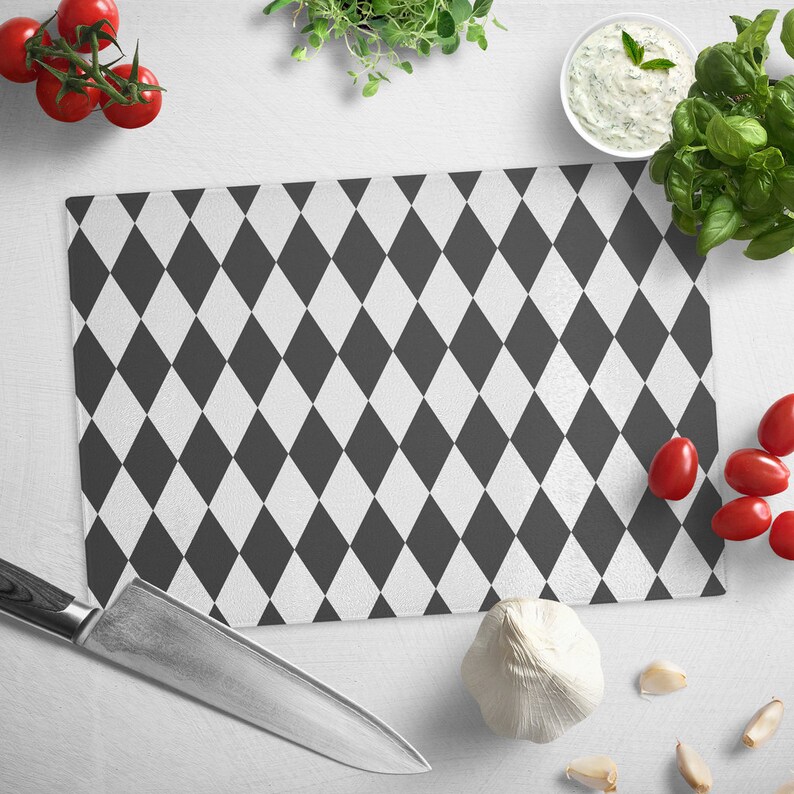 Glass Cutting Board Black and White Harlequin Print Tempered Etsy