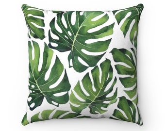 Tropical Palm Leaf Pillow Cover, Monstera Leaf Pillow Cover, Palm Leaf Pattern Pillow Cover, Palm Cushion Cover, Green & White, 18 inch