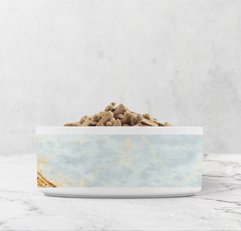 K&ouml;nnte beinhalten: Eine wei&szlig;e Keramik-Tierschale mit einem hellblauen Marmormuster. Die Schale ist mit braunem Tierfutter gef&uuml;llt.
