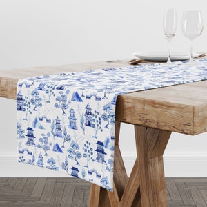 Chinoiserie Print Table Runner, Pagodas, Indigo Blue & White