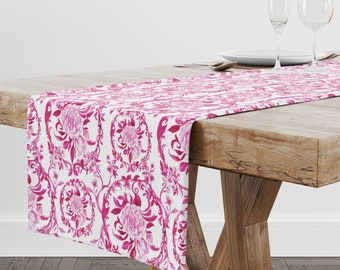 Chinoiserie Print Table Runner, Floral Roses, Fuchsia Pink & White