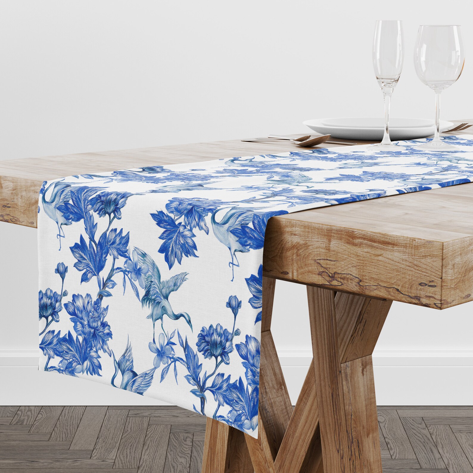 MomoChardoSTUDIO Chinoiserie Table Runner, Cranes and Peonies, Blue & White
