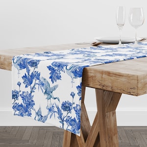 Chinoiserie Table Runner, Cranes and Peonies, Blue & White