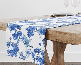 Chinoiserie Table Runner, Cranes and Peonies, Blue & White