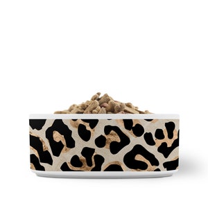 Cheetah Print Ceramic Pet Bowl: Modern Beige, Black & Gold Cat/Dog Dish
