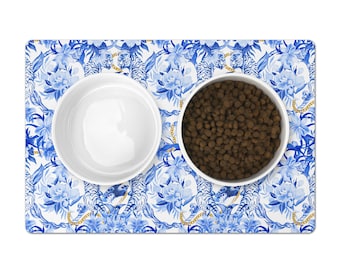 Chinoiserie Jungle Pet Placemat: Blue, White & Gold Cat/Dog Food Mat