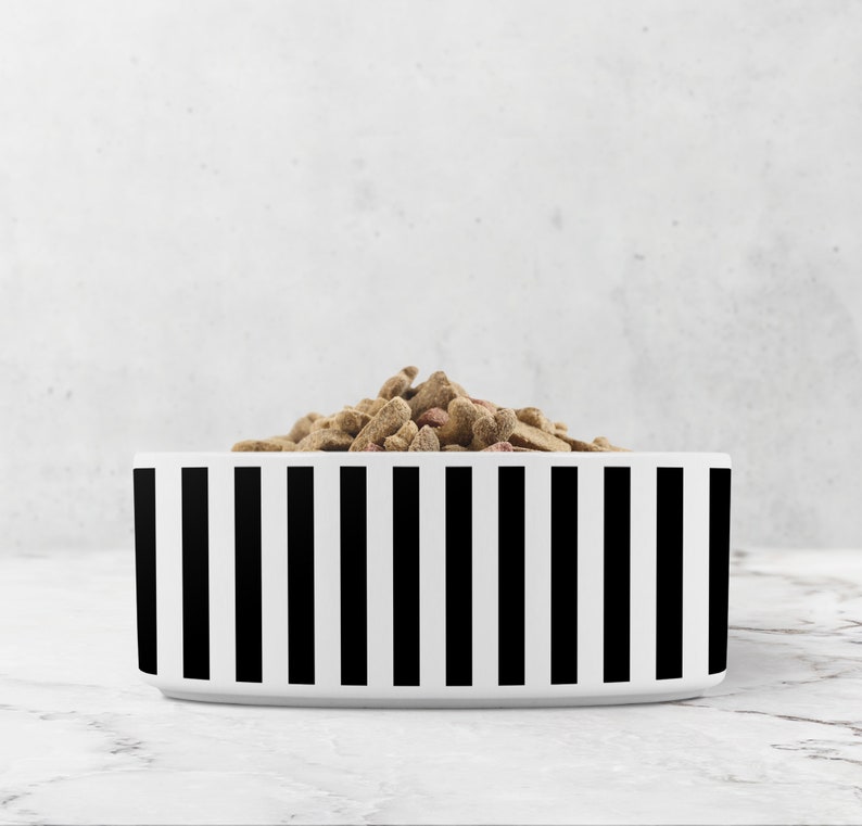 White ceramic pet bowl with black and white vertical stripe pattern print sits on a white marble surface. Dry pet food fills the bowl.