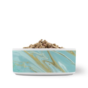 Glamorous aqua, gold, teal marble pattern is printed on a white ceramic bowl for your cat or dog food or water. Dishwasher and microwave safe.