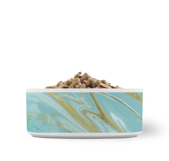 Marble Print Pet Bowl, Ceramic Dog Food Dish, Cat Water Bowl, Teal, Aqua, Gold