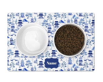 Personalized Pet Placemat, Chinoiserie Toile, Blue and White