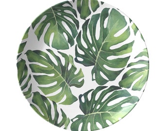 Monstera Leaves Plates, Set of 4, Allover print monstera leaf dinnerware, Plastic Plates, Tropical Plates, Thermosaf Dinner Plates