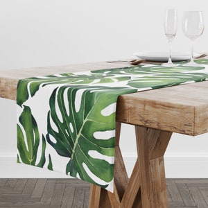 Tropical Monstera Leaf Table Runner, Green & White