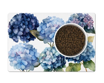 Blue Hydrangeas Pet Food Mat, Floral Dog Bowl Mat, Flower Pet Placemat