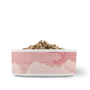 Ceramic Dog Bowl, Pink Clouds with Golden Outline, Pretty Pet Bowl, Cute Dog Water Bowl, Pink Food Bowl, Cat Food Dish