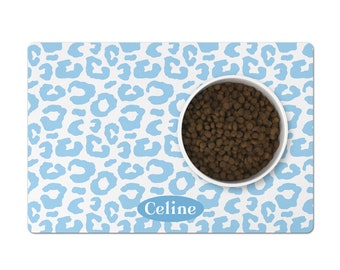 Custom Dog Bowl Mat, Leopard Cat Placemat, Personalized Pet Mat, Baby Blue and White, Washable