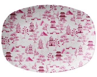 Chinoiserie Serving Platter: Pink Toile, Luxury Plastic Serveware