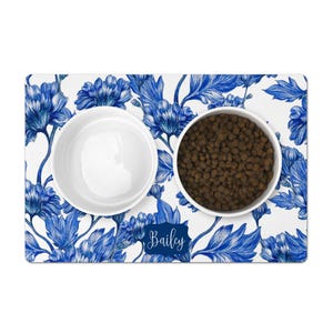 Personalized Floral Pet Feeding Mat: Blue Peonies Dog Cat Dish Placemat