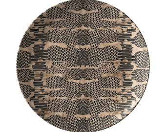Snakeskin Print Dinner Plate: Black & Gold-Tan, Break-Resistant Luxe Plastic
