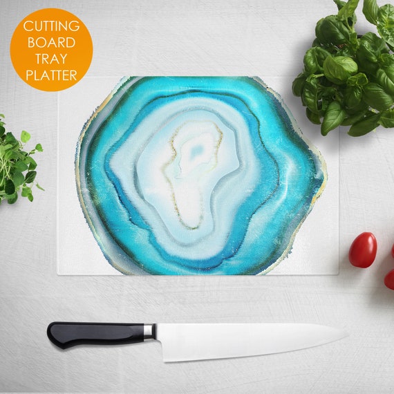 Glass Cutting Board Teal Agate Slice Decorative Cutting Etsy