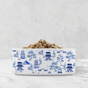 Chinoiserie Toile Dog Bowl, White & Blue Pet Bowl, Cat Food Dish, Unique Pet Bowl, Large Dog Bowl, Ceramic Water Bowl, Pet Gift, Pet Dish