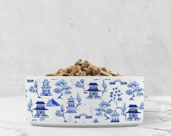 Chinoiserie Toile Ceramic Pet Bowl: White & Blue Cat/Dog Dish