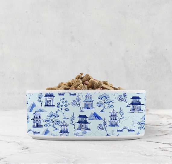 Toile Dog Bowl Blue and White Pet Bowl Pale Aqua Background - Etsy