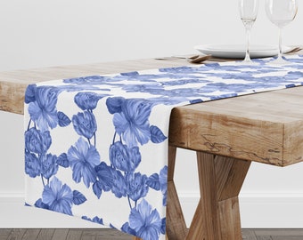 Floral Chinoiserie Table Runner, Chinoiserie Print Table Runner, Lily Flowers, Blue & White