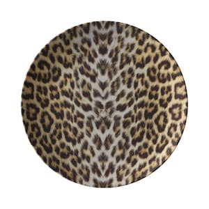 May include: A round ceramic plate with a leopard print design. The plate is brown, black, and white.