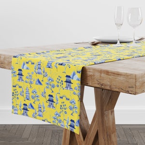 Chinoiserie Print Table Runner Toile Pagodas Indigo Blue & Yellow