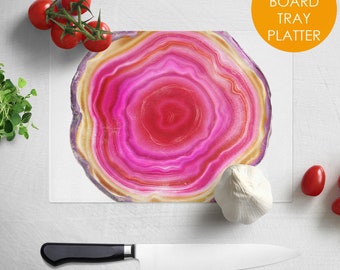 Glass Chopping Block, Pink Agate Slice Glass Cutting Board, Decorative Cutting Board, Counter Trivet, 11.25" x 8"