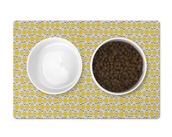 Mid-Century Modern Pet Food Mat: Yellow Gray Wavy Design Cat/Dog Placemat