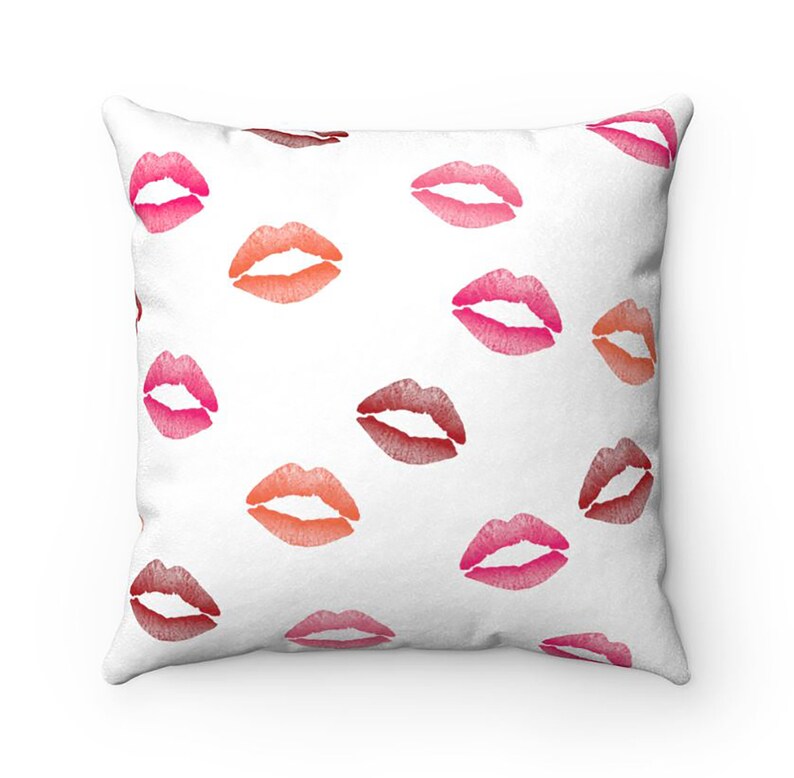 Lipstick Kisses Pillow Watercolor Lips Print Pillow Cover 18 X 18 Allover Lips Print Pillow Makeup Lover Gift Faux Suede Pillow Cover