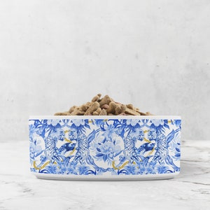 Chinoiserie Pet Bowl, Jungle Print, Blue and White