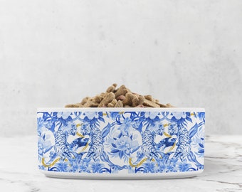 Chinoiserie Pet Bowl, Jungle Print, Blue and White