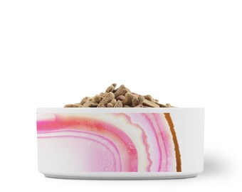 Ceramic Dog Bowl, Pink Agate, Abstract Art Print Gemstone Water or Food Bowl for Pets