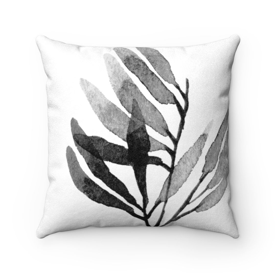Chic Watercolor Black Leaf Print Pillow Cover, Black & White Pillow