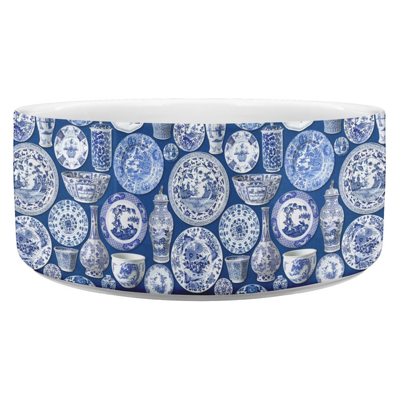Asian Pottery Print Chinoiserie Ceramic Dog Bowl Large Dog Food Bowl Water Bowl for Pets Blue and White Pet Bowl Chinoiserie Pet Bowl
