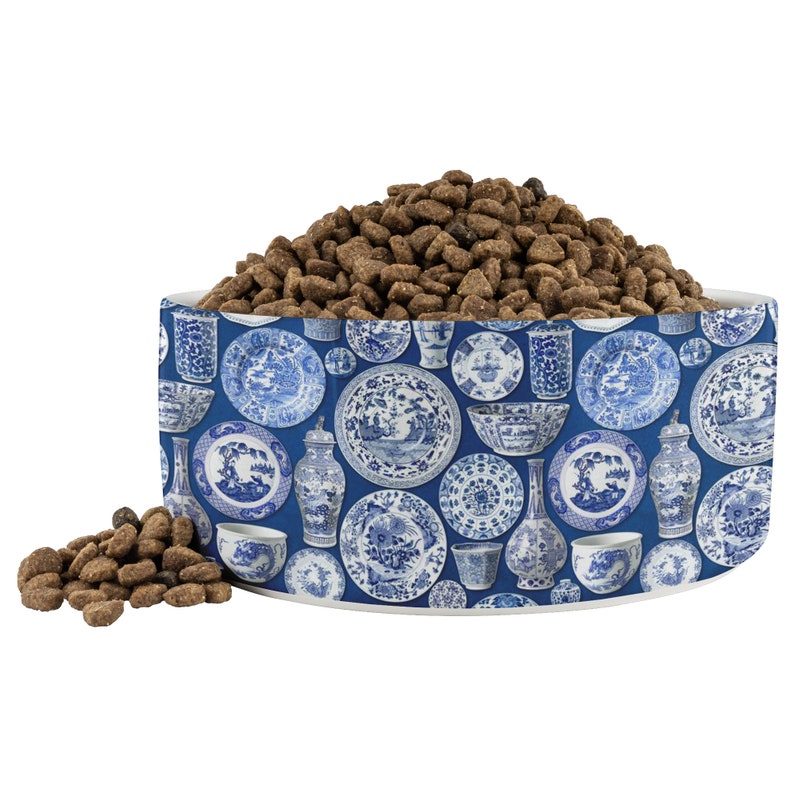 Asian Pottery Print Chinoiserie Ceramic Dog Bowl Large Dog Food Bowl Water Bowl for Pets Blue and White Pet Bowl Chinoiserie Pet Bowl