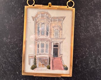 Mini Watercolor House Portrait Ornament Gold Brass Frame included