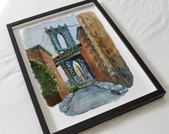 Brooklyn NYC Watercolor Painting, Urban Sketch, Home Decor, NYC Wedding, Anniversary Gift