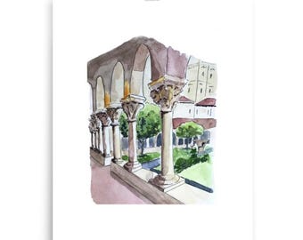 The Cloisters NYC, Watercolor Painting Print, Urban Sketch, Home Decor, NYC Wedding, Anniversary