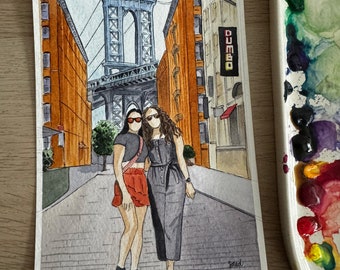 Custom Watercolor Portrait from Photo, Personalized Couple Painting, New York City DUMBO Art