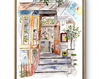 Cafe Lalo Watercolor Print: NYC Urban Sketching Wall Art